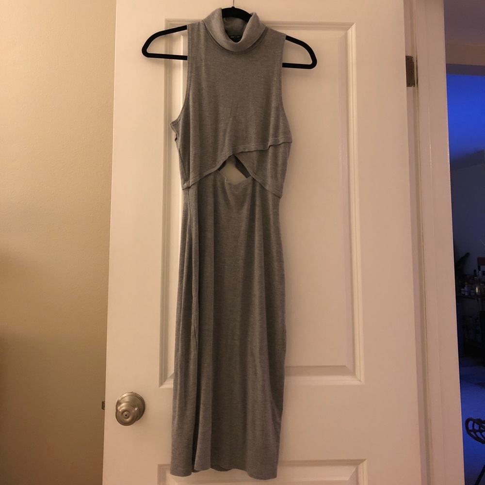 Sleeveless midi grey turtleneck cutout dress